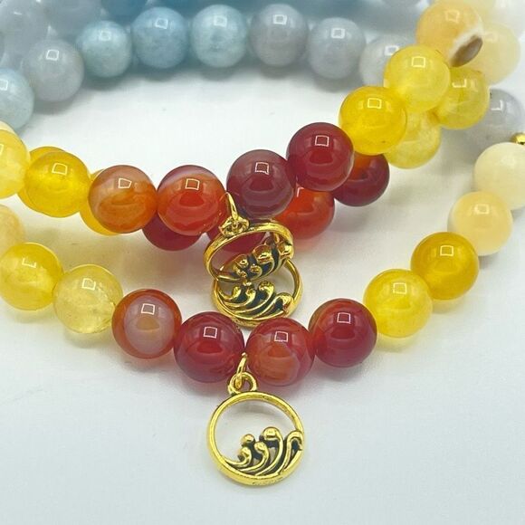 Ocean wave carnelian yellow agate honey calcite aquamarine beaded stretch bracel - Picture 14 of 16